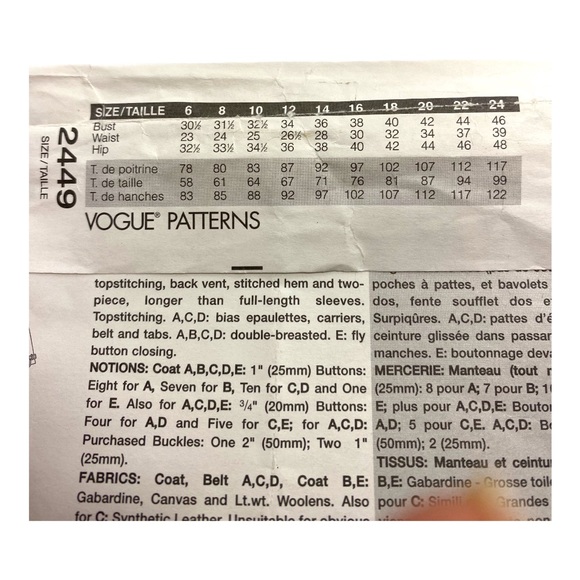 Vogue 2449 Misses' Fitted, A-Line Coat Misses' Size 6-8-10 Uncut Sewing … - Picture 5 of 7